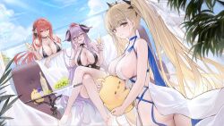 3girls animal azur_lane barefoot bikini black-framed_eyewear black_bikini black_horns black_one-piece_swimsuit blue_sky breasts brown_hair champagne_flute cleavage closed_mouth cloud crossed_legs cup curled_horns dress drinking_glass food formidable_(anniversary_memories)_(azur_lane) formidable_(azur_lane) friedrich_carl_(azur_lane) friedrich_carl_(tender_summer_care)_(azur_lane) fruit grapes hair_ribbon highres holding holding_animal horns huge_breasts large_breasts leaf long_bangs manjuu_(azur_lane) mole mole_under_mouth monarch_(azur_lane) monarch_(sovereign_of_the_beach)_(azur_lane) multiple_girls official_alternate_costume official_art one-piece_swimsuit outdoors purple_hair red_eyes red_hair ribbon sideboob sitting sky smile swimsuit third-party_source toes twintails water white_dress white_ribbon