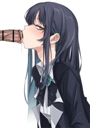 1boy 1girl absurdres ado_(utaite) bar_censor black_bow black_hair blue_eyes blue_hair blush bow censored chando_(ado) collared_shirt colored_inner_hair commentary_request ekibyoudayo fellatio hetero highres long_hair looking_at_viewer multicolored_hair oral paid_reward_available penis saliva shirt sidelocks simple_background solo utaite variant_set white_background white_shirt