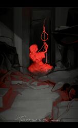 1girl absurdres alley black_eyes box crowbar dark dress english_text face_down highres holding holding_rope letterboxed looking_at_viewer looking_back medium_hair noose on_ground original outstretched_arm red_dress red_hair rope sitting spot_color tknlita