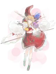 Rule 34 | 1girl, ahoge, armpits, ascot, black shoes, blue bow, bobby socks, bow, commentary, commentary request, cosplay, detached sleeves, frilled shirt collar, frilled skirt, frills, full body, gohei, gourd, hair bow, hakurei reimu, hakurei reimu (cosplay), haraegushi, highres, holding, horn ornament, horn ribbon, horns, ibuki suika, japanese clothes, long hair, looking at viewer, mary janes, miko, nontraditional miko, o (crazyoton46), oni, oonusa, open mouth, orange eyes, orange hair, red bow, red shirt, red skirt, ribbon, ribbon-trimmed sleeves, ribbon trim, romaji text, shirt, shoes, skirt, skirt set, sleeveless, sleeveless shirt, socks, solo, touhou, white background, yellow ascot