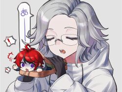 ! 2boys ahoge aotsuki_eito black_gloves black_jacket blue_eyes chibi chinese_commentary closed_eyes drawstring film_grain food glasses gloves grey_hair grey_jacket hands_up highres holding holding_food imminent_bite jacket looking_at_another male_focus multicolored_hair multicolored_jacket multiple_boys nomei outstretched_arm red_hair sandwich scared short_hair simple_background speech_bubble streaked_hair sumino_takumi the_hundred_line_-last_defense_academy- trapped two-tone_jacket white_jacket