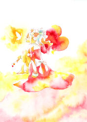 1girl back_bow barefoot bow closed_eyes closed_mouth commentary dress flower full_body hair_bun hair_flower hair_ornament high_priest_(ragnarok_online) highres juliet_sleeves long_sleeves orange_flower painting_(medium) pink_dress puffy_sleeves ragnarok_online sansaro short_hair single_hair_bun sitting smile solo traditional_media watercolor_(medium) white_bow