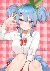 1girl :o artist_name blue_eyes blue_hair bow bow_hairband bowtie cherry cherry_pop_(vocaloid) double-parted_bangs double_bun dress_shirt earrings food fruit green_hairband hair_between_eyes hair_bun hair_ornament hairband hatsune_miku heart heart_hair_ornament highres holding_cherry jewelry looking_at_viewer multicolored_hair parted_lips plaid_background plaid_bow plaid_bowtie plaid_clothes plaid_skirt red_hair roiro_koko shirt sidelocks skirt sleeves_rolled_up streaked_hair twitter_username vocaloid white_shirt