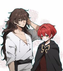 1boy 1girl absurdres black_cloak brown_eyes brown_hair butterfly_brooch cloak fata_morgana_no_yakata hair_length_switch hand_on_own_head height_difference highres huixiaaa42305 jacopo_bearzatti light_blush long_hair looking_at_viewer messy_hair morgana_(fata_morgana_no_yakata) open_mouth red_hair short_hair simple_background sweatdrop upper_body white_background yellow_eyes