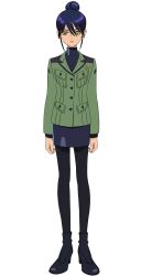 1girl black_boots black_hair black_leggings blue_skirt boots breast_pocket epaulettes full_body green_jacket gundam gundam_gquuuuuux hair_bun high_heel_boots high_heels highres jacket leggings looking_at_viewer military_uniform miniskirt nyaan_(gundam_gquuuuuux) official_art pocket simple_background single_hair_bun skirt solo standing transparent_background turtleneck yellow_eyes zeon