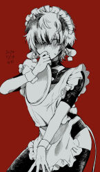 1boy absurdres animal_ears apron blush bow cowboy_shot crossdressing dated ear_tag frilled_apron frills hair_over_one_eye highres holding holding_plate maid maid_apron male_focus male_maid multicolored_hair original plate red_background short_hair simple_background small_horns solo thighhighs two-tone_hair user_myng3574