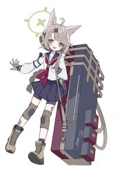 Rule 34 | 1girl, absurdres, animal ear fluff, animal ears, bag, black shorts, blonde hair, blue archive, blue bag, blue skirt, blush, boots, braid, brown boots, brown gloves, fox ears, fox girl, gloves, green eyes, headphones, highres, holding, holding bag, implied extra ears, inaba reito, knee pads, looking at viewer, open mouth, otogi (blue archive), shorts, shorts under skirt, single braid, skirt, solo