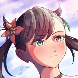 1girl aqua_eyes asymmetrical_bangs beach bikini black_hair child creatures_(company) day female_focus floating_hair flower flower_on_head game_freak gen_3_pokemon hair_ornament halterneck highres light_blush light_smile long_hair looking_at_another marnie_(pokemon) marnie_(summer_2021)_(pokemon) nash_(cendol_plt) nintendo official_alternate_costume outdoors pink_bikini pokemon pokemon_masters_ex sarong sky summer swimsuit twintails undercut upper_body water_drop wingull