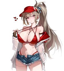 1girl absurdres bare_shoulders bikini breasts brown_hair cleavage denim denim_shorts dungeon_and_fighter fingerless_gloves gloves heart highres jacket jewelry large_breasts long_sleeves navel necklace open_clothes open_jacket oxooxo666 ponytail see-through_clothes see-through_jacket short_shorts shorts solo strap_pull swimsuit visor_cap