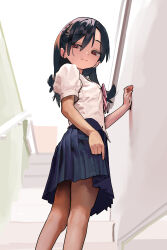 1girl aged_down alternate_hair_color black_hair blue_skirt bow closed_mouth highres long_hair original pink_bow pleated_skirt red_eyes school_uniform sekoshi_(some1else45) shirt skirt solo some1else45 stairs standing white_shirt