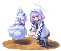 2girls atsuko&#039;s_grin_(meme) atsuko_(blue_archive) black_gloves blue_archive cloud colored_skin crossover dazzi dirt gloves grin highres horns long_hair looking_at_viewer meme multiple_girls pal_(creature) palworld ponytail purple_hair purple_horns purple_skin purple_tube_top simple_background single_horn smile squatting ssgt-lulz strapless tube_top white_background white_hair white_hood