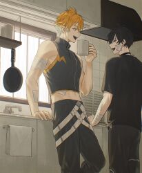 Rule 34 | 2boys, :d, antenna hair, aqua eyes, aqua hair, ashtray, bandaged arm, bandages, bandaid, bandaid on arm, bandaid on neck, black choker, black hair, black pants, black shirt, cabinet, choker, coffee mug, counter, cropped jacket, crossed bangs, cup, drawstring, fangs, faucet, frying pan, gauze, gauze on cheek, gradient hair, grey jacket, hair between eyes, hashtag-only commentary, highres, holding, holding cup, indoors, jacket, jar, kitchen, kitchen hood, looking at another, male focus, mug, multicolored eyes, multicolored hair, multiple boys, nijisanji, npa (hmp), open mouth, orange eyes, orange hair, pants, purple eyes, saiki ittetsu, shelf, shirt, short hair, short sleeves, sleeveless, sleeveless jacket, smile, standing, t-shirt, teeth, tile wall, tiles, towel, two-tone eyes, upper teeth only, usami rito, vent (object), virtual youtuber, window