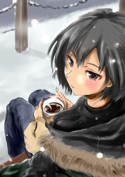1girl amagami black_eyes black_hair blush coat hot_chocolate looking_at_viewer looking_back looking_up murasaki_iro nanasaki_ai out_of_frame pov pov_hands short_hair snow snowing solo_focus