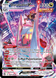 1boy artist_name black_gloves black_jacket blue_shorts building card_(medium) character_name city clenched_hands company_name copyright_name copyright_notice dark-skinned_male dark_skin duraludon dynamax egawa_akira english_text gen_8_pokemon gigantamax gigantamax_duraludon gloves hat hood hood_down hooded_jacket jacket night nintendo official_art open_clothes open_jacket open_mouth orange_hat pokemon pokemon_(creature) pokemon_card pokemon_swsh pokemon_tcg raihan_(pokemon) red_clouds shoes shorts standing teeth third-party_source trading_card