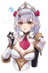 Rule 34 | 1girl, absurdres, armor, armored dress, blush, breastplate, breasts, cleavage, cropped torso, dress, flower, genshin impact, green eyes, grey hair, hair between eyes, hair flower, hair ornament, hat, highres, hydro symbol (genshin impact), kyanonpan50, looking at viewer, medium breasts, noelle (genshin impact), open mouth, parted lips, red flower, red rose, rose, short hair, shoulder armor, simple background, solo, tears, white background, white hat