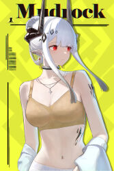 1girl abstract_background absurdres arknights arms_at_sides bra breasts character_name chinese_commentary ciexbiet cleavage closed_mouth collar collarbone commentary_request diamond_hair_ornament earclip earrings expressionless hair_bun highres horns jacket jacket_partially_removed jewelry large_breasts long_hair long_sidelocks looking_to_the_side metal_collar mudrock_(arknights) navel necklace no_shirt pants pointy_ears red_eyes sidelocks single_hair_bun solo stomach turning_head underwear upper_body white_hair white_jacket white_pants yellow_background yellow_bra