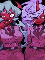 Rule 34 | 2girls, belt, blue hair, breasts, closed mouth, collared shirt, colored skin, demon girl, demon horns, demon tail, fang, fangs, glasses, green hair, hair between eyes, highres, horns, jacket, kneesocks (psg), large breasts, long hair, looking at viewer, multiple girls, necktie, open mouth, panty &amp; stocking with garterbelt, ponytail, purple hair, red necktie, red skin, sanjiro (tenshin anman), scanty (psg), sharp teeth, shirt, siblings, single horn, sisters, skirt, smile, tail, teeth, uneven eyes, yellow eyes