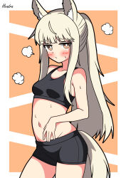 1girl absurdres animal_ears arknights black_sports_bra blush breasts hendra highres horse_ears horse_girl horse_tail long_hair looking_at_viewer navel platinum_(arknights) shorts small_breasts solo sports_bra tail