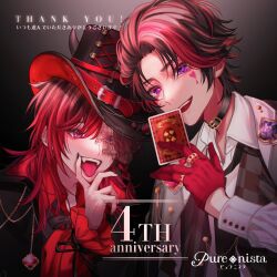Rule 34 | 2boys, anniversary, black hair, black hat, black nails, card, club-shaped pupils, collared shirt, commentary request, diamond-shaped pupils, diamond (shape), fangs, gloves, glowing, hat, highres, holding, holding card, horned hat, jewelry, logo, male focus, mismatched pupils, multicolored hair, multiple boys, multiple rings, official art, pink eyes, purenista, purple eyes, red gloves, red hair, ring, shirt, streaked hair, symbol-shaped pupils, teeth, thank you, tongue, tongue out, top hat, translation request, upper teeth only, white shirt, white sleeve cuffs