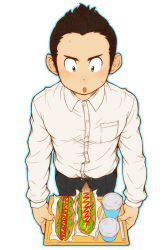 Rule 34 | 1boy, :o, bad id, bad pixiv id, blush, censored, erection, food, hot dog, male focus, novelty censor, open mouth, original, penis, penis hot dog, shirt, short hair, simple background, solo, sweat, torte (triggerhappy), waiter, white background