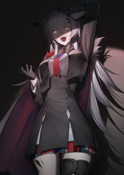 1girl absurdres animal_ears arknights arm_up black_gloves black_jacket gloves gradient_necktie grey_eyes grey_hair hair_between_eyes hair_ornament hairclip hand_on_own_head highres jacket lappland_(arknights) lappland_the_decadenza_(arknights) long_hair long_sleeves looking_at_viewer material_growth multicolored_necktie necktie official_alternate_costume open_mouth oripathy_lesion_(arknights) r_oot scar scar_across_eye scar_on_face smile solo two-tone_necktie wolf_ears wolf_girl