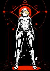 1girl androgynous arms_at_sides artist_request bandages blonde_hair blood braid female_focus full_body gloves hair_over_one_eye long_hair looking_at_viewer monochrome nintendo pointy_ears red_eyes reverse_trap sheik simple_background solo standing super_smash_bros. surcoat the_legend_of_zelda the_legend_of_zelda:_ocarina_of_time turban