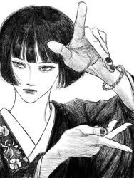 1girl black_hair black_kimono black_outline bob_cut bracelet floral_print greyscale highres japanese_clothes jewelry kimono monochrome original outline portrait short_hair solo tp_p_pt white_background
