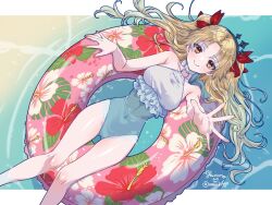 1girl blonde_hair breasts commission covered_navel ereshkigal_(fate) fate/grand_order fate_(series) floating frilled_one-piece_swimsuit frills from_above innertube long_hair medium_breasts o-ring o-ring_swimsuit ocean on_innertube one-piece_swimsuit red_eyes signature skeb_commission smile space_ereshkigal_(fate) space_ereshkigal_(first_ascension)_(fate) swim_ring swimsuit yamuimo