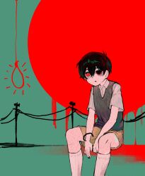 1boy :o antenna_hair arms_between_legs black_eyes black_hair black_nails blood brown_shorts collared_shirt colored_sclera commentary double-parted_bangs english_commentary feet_out_of_frame film_grain green_background grey_sweater_vest hair_between_eyes heterochromia highres kneehighs male_focus nail_polish no_pupils noose official_alternate_eye_color omori parted_lips power_lines psychokokuon red_eyes red_sclera shirt short_hair short_sleeves shorts simple_background sitting socks solo sunny_(omori) sweater_vest utility_pole very_short_hair white_shirt white_socks