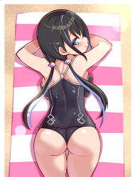 1girl ass ass_focus backboob bare_shoulders black_hair blue_eyes blue_hair blush breast_press breasts cougar_(cougar1404) from_above from_behind hair_tubes large_breasts long_hair looking_at_viewer looking_back looking_up low_twintails lying multicolored_hair on_stomach one-piece_swimsuit original smile solo swimsuit twintails two-tone_hair very_long_hair