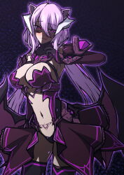1girl absurdres ahoge alternate_costume animal_ears aoi_tabane black_gloves black_thighhighs blush breasts cleavage corruption cosplay dark_persona demon_girl demon_horns elbow_gloves gloves glowing glowing_eyes hair_between_eyes highres hololive horns kouyoku_senki_exs-tia large_breasts lilistia long_hair looking_at_viewer low_wings navel pubic_tattoo purple_eyes purple_hair revealing_clothes shishiro_botan smile solo stomach_tattoo tattoo thighhighs tongue tongue_out twintails very_long_hair white_horns wings