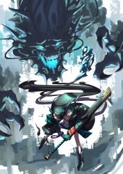 1girl absurdres arknights dragon dragon_girl dragon_horns dragon_tail dusk_(arknights) gradient_skin green_hands green_horns hair_over_one_eye highres horns looking_at_viewer metallightheart necktie open_clothes red_eyes red_necktie smile solo tagme tail