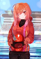 1girl ahoge alternate_costume black_pants black_shirt closed_mouth hair_ornament hairpin helmet highres holding holding_helmet hololive hololive_dev_is ichijou_ririka jacket looking_at_viewer medium_hair one_eye_closed orange_eyes orange_hair pants red_eyes red_jacket shirt smile solo unier virtual_youtuber