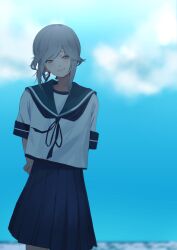 Rule 34 | 1girl, absurdres, blue neckerchief, blue sailor collar, blue skirt, blue sky, brown eyes, cloud, grey hair, grin, hair ribbon, hato kan, highres, kantai collection, long hair, neckerchief, parted lips, pleated skirt, ribbon, sailor collar, sailor shirt, shirt, sidelocks, skirt, sky, smile, solo, usugumo (kancolle), white shirt