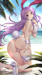 1girl animal_ears ass backlighting beach bikini breasts commentary_request day finger_to_mouth foot_out_of_frame hair_intakes hand_on_own_ass hand_up hataraki_kuma highres horizon large_breasts legs looking_at_viewer looking_back outdoors purple_eyes purple_hair rabbit_ears rabbit_tail reisen_udongein_inaba sideboob smile solo swimsuit tail thighs touhou water