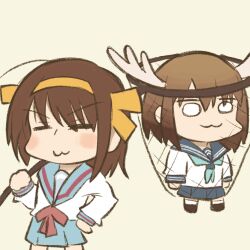 2girls :3 antlers aqua_neckerchief blue_sailor_collar blue_skirt blush brown_hair butterfly_net chibi closed_mouth crossover deer_antlers deer_girl hair_ribbon hairband hand_net hand_on_own_hip highres holding holding_butterfly_net horns kita_high_school_uniform long_sleeves medium_hair multiple_girls neckerchief red_ribbon ribbon ryuinosu sailor_collar school_uniform serafuku shikanoko_noko shikanoko_nokonoko_koshitantan skirt suzumiya_haruhi suzumiya_haruhi-chan_no_yuuutsu suzumiya_haruhi_no_yuuutsu winter_uniform yellow_hairband yellow_ribbon