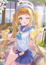1girl 1other absurdres aqua_ascot beret blonde_hair blue_eyes blue_sailor_collar blue_skirt blunt_bangs blurry blurry_foreground blush bracelet collarbone commentary_request contrapposto cowboy_shot cup day drinking_straw fingernails floating_hair flower food frilled_sailor_collar frills fruit glass halo hat highres holding holding_cup ice ice_cube jewelry lemon lemon_slice lemonade long_hair looking_at_viewer matsumoto_yuu miniskirt nail_polish one_eye_closed open_mouth original out_of_frame outdoors path plant pleated_skirt potted_plant pov reflection road sailor_collar school_uniform serafuku shirt skirt sleeveless sleeveless_shirt smile solo_focus summer summer_uniform sunlight tile_floor tiles tree twintails very_long_hair white_flower white_hat white_shirt window yellow_halo yellow_nails