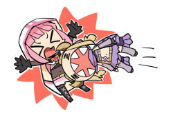 Rule 34 | 2girls, = =, attack, belt, belt buckle, black boots, black gloves, black shirt, black shoes, blonde hair, blunt bangs, bodystocking, boots, brown-framed eyewear, brown belt, brown horns, buckle, chain, chest belt, chibi, cloak, commentary request, covered erect nipples, cow horns, crop top, detached hood, explosion, fake horns, frilled scarf, furrowed brow, gem, gloves, goggles, goggles on headwear, gold buckle, grey thighhighs, hair through hood, hood, hood up, hooded cloak, horned hood, horns, lace-up boots, long hair, loose thighhigh, low ponytail, low twintails, magia record: mahou shoujo madoka magica gaiden, magical girl, mahou shoujo madoka magica, midriff, miniskirt, mitsuki felicia, motion lines, multiple girls, open mouth, outstretched arms, papa (shimeguru), pink belt, pink brooch, pink hair, pink skirt, pleated skirt, ponytail, purple gemstone, purple hood, purple ribbon, purple scarf, purple shirt, purple skirt, ribbon, scarf, sharp teeth, shirt, shoes, short twintails, skirt, speed lines, tamaki iroha, teeth, thigh boots, thighhighs, turtleneck, turtleneck shirt, twintails, two-tone shirt, very long hair, white background, white cloak