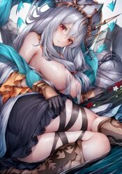1girl arknights bare_shoulders black_gloves black_skirt boots breasts brown_boots commentary dalachi_(headdress) gloves grey_hair hair_between_eyes long_hair looking_at_viewer official_alternate_costume red_eyes revision skadi_(arknights) skadi_the_corrupting_heart_(arknights) skadi_the_corrupting_heart_(sublimation)_(arknights) skirt snm_(sunimi) solo thigh_strap wet white_background