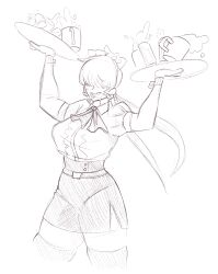 1girl 1shermieaday bartender breasts cup curvy dress earrings female_focus heart holding huge_breasts jewelry large_breasts long_hair open_mouth ponytail shermie_(kof) skirt socks standing teacup the_king_of_fighters thick_thighs thighs twintails