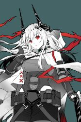 Rule 34 | 1girl, arknights, arm up, bare shoulders, breasts, chinese commentary, cleavage, commentary request, cowboy shot, earrings, elbow gloves, fingerless gloves, fingernails, floating hair, gloves, green background, hand in own hair, highres, horns, infection monitor (arknights), jewelry, large breasts, long hair, looking at viewer, mudrock (arknights), mudrock (rubble) (arknights), official alternate costume, parted lips, partial commentary, partially colored, piaoliu ping ping ping pingzi, pointy ears, red eyes, short shorts, shorts, simple background, solo, standing, underbust