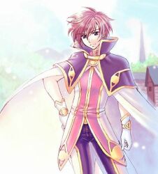 1boy 2000s_(style) black_capelet black_pants blue_sky brown_eyes brown_hair cape capelet closed_mouth commentary_request cowboy_shot day drooping_cat gloves gold_trim hair_between_eyes looking_at_viewer lowres male_focus outdoors pants ragnarok_online red_shirt shirt short_hair sky smile solo two-tone_pants two-tone_shirt vesper_(pixiv3568) white_cape white_gloves white_pants white_shirt wizard_(ragnarok_online)