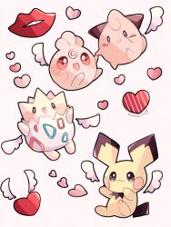 :3 :d animal_focus cleffa colored_skin commentary_request creatures_(company) game_freak gen_2_pokemon hanabusaoekaki heart highres igglybuff lips nintendo no_humans open_mouth pichu pink_skin pokemon pokemon_(creature) red_eyes simple_background smile solid_oval_eyes tail teeth togepi white_background wings yellow_skin