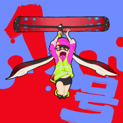 1girl beanie bike_shorts black_hair brown_eyes callie_(hero_suit)_(splatoon) callie_(splatoon) clothes_lift con_(my0312) fangs female_focus hat holding inkling jacket jumping long_hair long_sleeves looking_at_viewer mole mole_under_eye navel nintendo open_mouth paint_roller shirt_lift shoes sleeves_rolled_up sneakers solo splatoon_(series) splatoon_1 squidbeak_splatoon tentacle_hair wind wind_lift