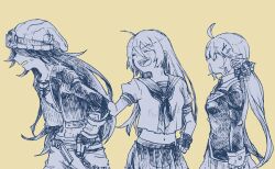 1boy 2girls :d ahoge another_eden arms_at_sides beanie belt blazer blush breasts closed_eyes collarbone commentary_request cowboy_shot cropped_jacket cropped_shirt double-parted_bangs facing_to_the_side fingerless_gloves foran_(another_eden) from_side gloves goggles goggles_on_head greyscale_with_colored_background hair_between_eyes hair_ornament hair_scrunchie hairclip hand_on_another&#039;s_back hand_on_own_hip hand_up hat hatching_(texture) jacket jewelry laughing leaning_forward linear_hatching long_hair long_pointy_ears long_sleeves looking_ahead low_twintails medium_breasts michibata_65 midriff multiple_girls navel neckerchief necklace open_clothes open_jacket open_mouth pants pleated_skirt pointy_ears profile ruina_(another_eden) sailor_collar school_uniform scrunchie serafuku sevyn_(another_eden) shirt short_sleeves sidelocks simple_background skirt smile standing sweatdrop teeth thumb_in_beltline turning_head twintails upper_teeth_only v-shaped_eyebrows vambraces very_long_hair wallet_chain yellow_background