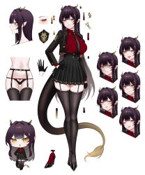 1girl ;) absurdres arm_under_breasts black_footwear black_gloves black_jacket black_necktie black_panties black_skirt black_tail black_thighhighs blazer blunt_bangs breasts breath reference_sheet chibi collared_shirt disgust dragon_girl dragon_horns dragon_tail dress_shirt earrings multiple_expressions eyeshadow garter_straps gfpebs gloves gradient_tail hair_intakes hair_ornament hairclip hand_on_own_hip high_heels highres horns jacket jewelry large_breasts long_hair long_sleeves looking_at_viewer makeup miniskirt mole mole_under_eye navel necktie o-ring o-ring_bottom o-ring_panties one_eye_closed open_clothes open_jacket original panties parted_lips pleated_skirt pointy_ears purple_hair red_eyeshadow red_nails red_shirt shirt shoes simple_background skindentation skirt smile smirk standing stomach string_panties tail thighhighs underwear v-shaped_eyebrows very_long_hair white_background wing_collar yellow_eyes yellow_tail