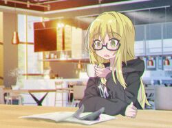 2girls a-ha alternate_costume black-framed_eyewear black_hoodie blonde_hair blurry blurry_background blush braid chair commentary cookie_(touhou) cup english_commentary glasses hakurei_reimu highres holding holding_cup hood hood_down hoodie indoors kirisame_marisa long_hair multiple_girls mushroomsucy open_mouth reu_(cookie) semi-rimless_eyewear side_braid single_braid solo_focus table take_on_me_(a-ha) under-rim_eyewear uzuki_(cookie) yellow_eyes