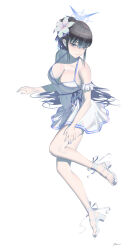 1girl absurdres alternate_costume alternate_hairstyle bare_shoulders black_hair blue_archive blue_eyes blunt_bangs breasts chojja cleavage closed_mouth collarbone dress flower hair_flower hair_ornament high_heels highres in_water large_breasts long_hair looking_at_viewer ponytail saori_(blue_archive) shoes sidelocks smile solo white_dress white_flower white_shoes