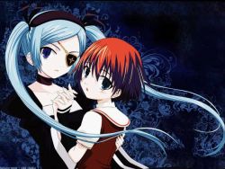00s 2girls blue_eyes blue_hair blush eyepatch goth_fashion long_hair multiple_girls nahashi_lucia orange_hair short_hair takahana_sumire twintails venus_versus_virus yuri