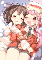 2girls absurdres blush brown_eyes captain_(kemono_friends) closed_eyes collared_shirt hair_between_eyes highres hood hood_up hoodie hug kemono_friends kemono_friends_3 long_hair long_sleeves lying multicolored_pajamas multiple_girls necktie on_bed one_eye_closed open_mouth pajamas pillow pink_hair red_eyes shiratsuki_(cpmk8242) shirt short_hair shorts skirt sleeves_past_wrists smile snake_girl snake_hood striped_clothes striped_pajamas striped_shorts taipan_(kemono_friends) two-tone_pajamas white_pajamas